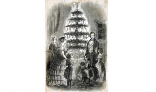 In the 1840s and 1850s Queen Victoria and Prince Albert popularised a new way of celebrating Christmas. This engraving from 1840 shows the two monarchs surrounded by children and gifts around a Christmas tree. Credit: Wikimedia Commons.