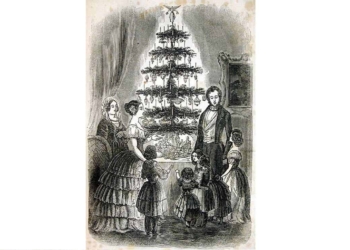 In the 1840s and 1850s Queen Victoria and Prince Albert popularised a new way of celebrating Christmas. This engraving from 1840 shows the two monarchs surrounded by children and gifts around a Christmas tree. Credit: Wikimedia Commons.