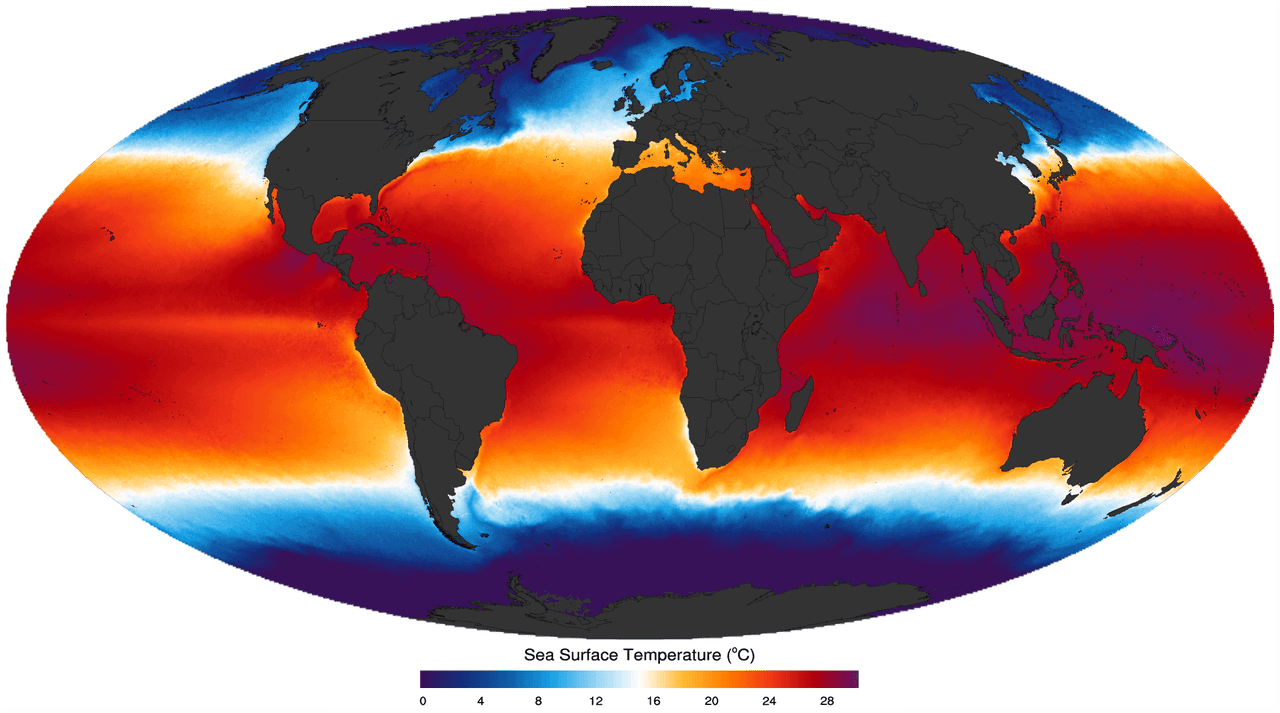 Oceans are getting hotter, and they're also losing oxygen. Credits: MODIS Aqua sea surface temperature 2003-2011 average.