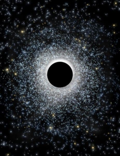 An artist rendition of the middleweight black hole. New research suggests that a 2,200 solar-mass black hole resides at the center of the globular cluster 47 Tucanae.
Credit: CfA / M. Weiss