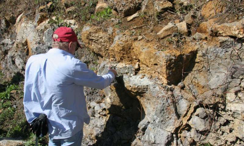 Lead author Prof. Lewis D. Ashwal studying an outcropping of trachyte rocks in Mauritius. Such samples are about 6 million years old, but surprisingly contain zircon grains as old as 3000 million years. Credit: Susan Webb/Wits University