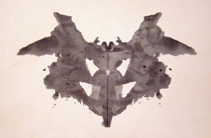 The first of the ten cards in the Rorschach test, with the occurrence of the most statistically frequent details indicated. Credit: Wikimedia Commons.