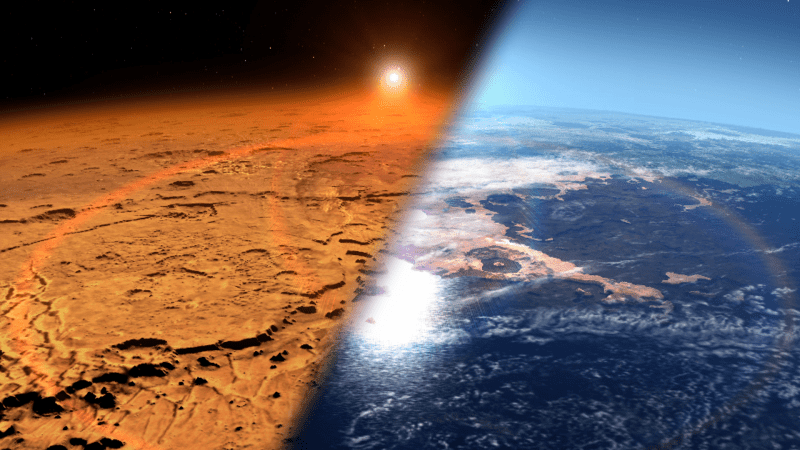 Artist’s conception of modern Mars (left) and a younger, wetter Mars. Credit: NASA’s Goddard Space Flight Center. 