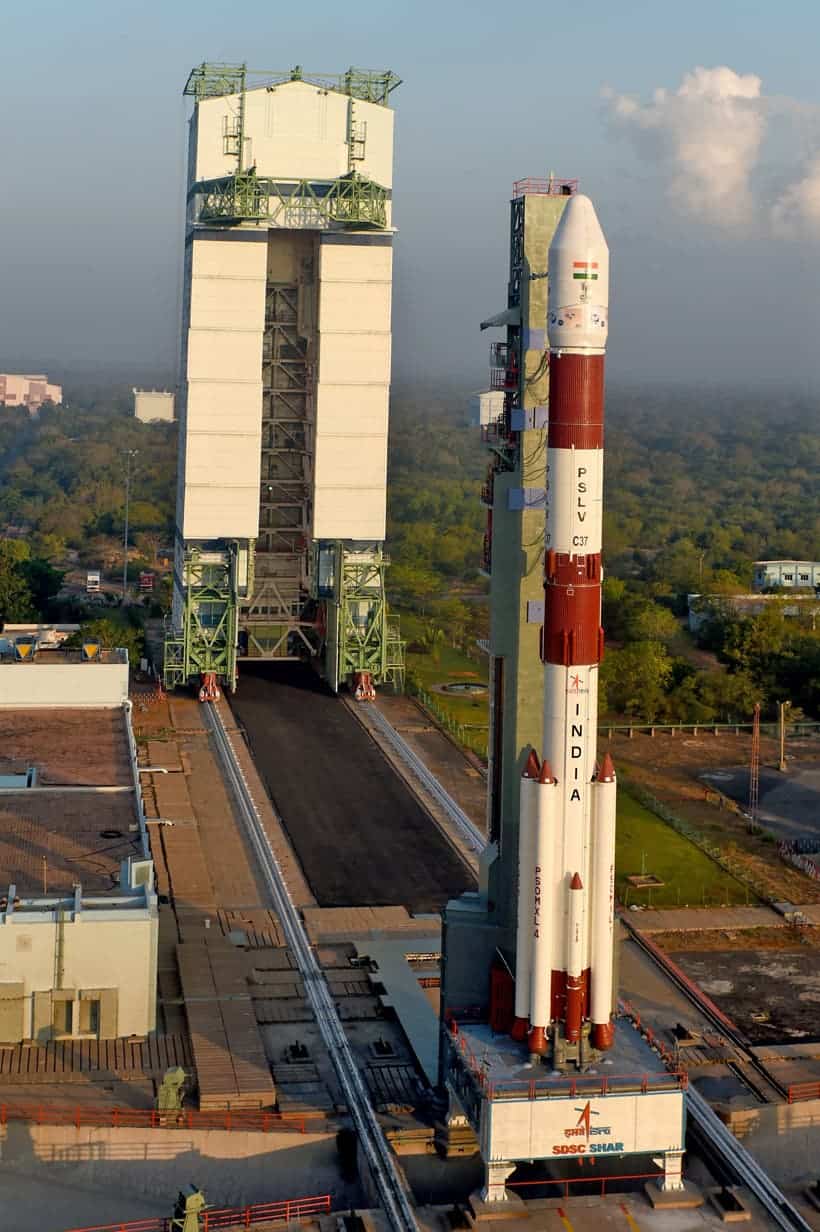 Assembled PSLV-C37 with Mobile Service Tower.
Image credits ISRO.