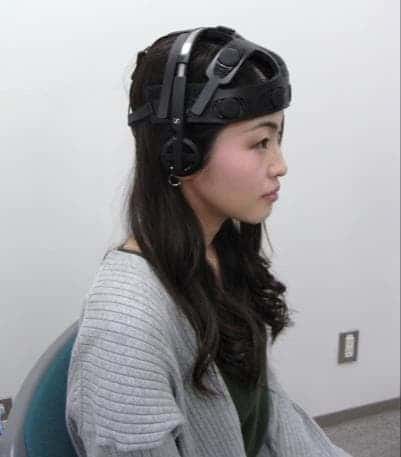 This is a Brain Music EEG headset. The machine learning algorithm is hooked up to the listener's brain, learning and adapting as it goes. Image credits: Osaka University.