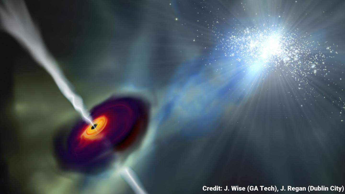 Artist impression of a supermassive black hole in the making in close proximity to a protogalaxy. The picture depicts the simulation at redshift z=24 corresponding to about 140 million years after the Big Bang.