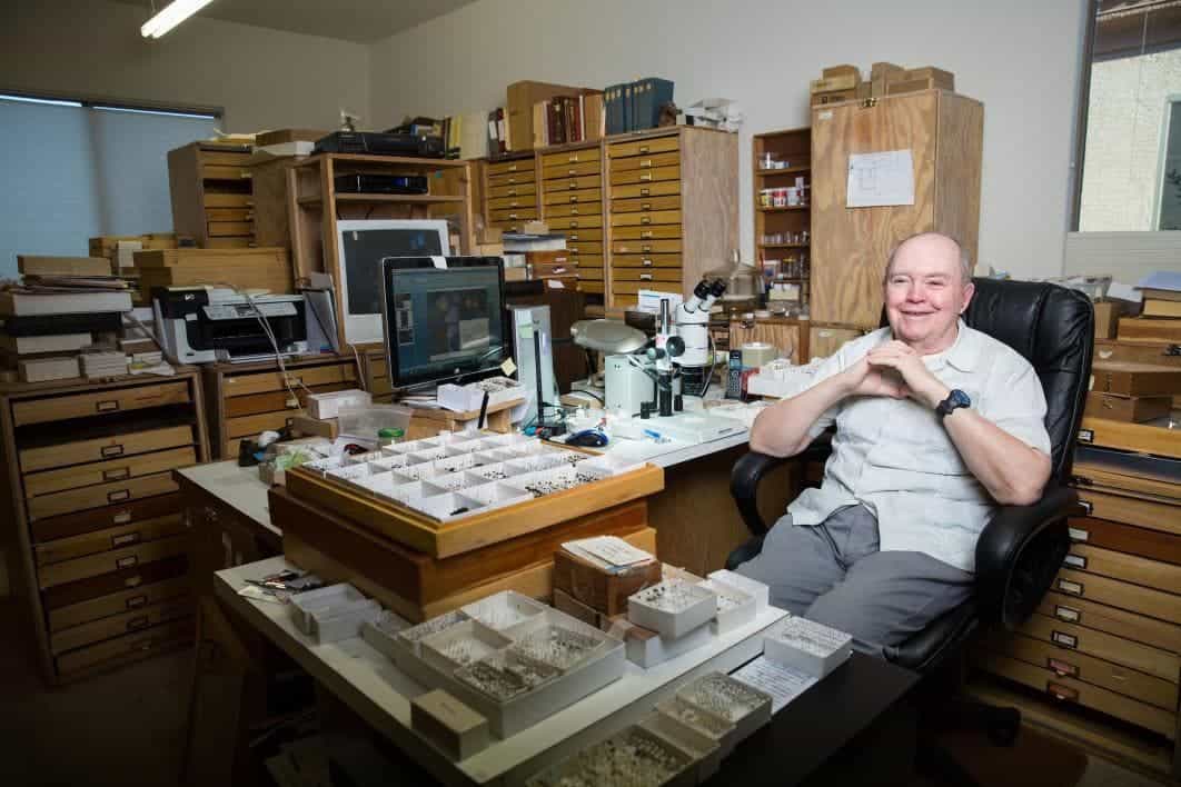 Charlie O'Brien in his home office. The couple has spent decades traveling the world to study insects.
Photo by Deanna Dent/ASU Now