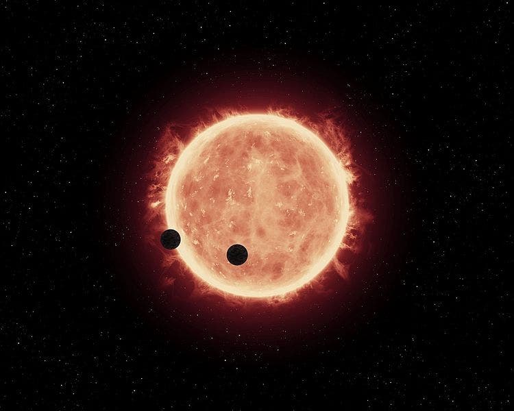 An artist's impression of planets transiting in front of Trappist-1.
Image credits NASA, ESA, and G. Bacon (STScI) / Wikimedia.