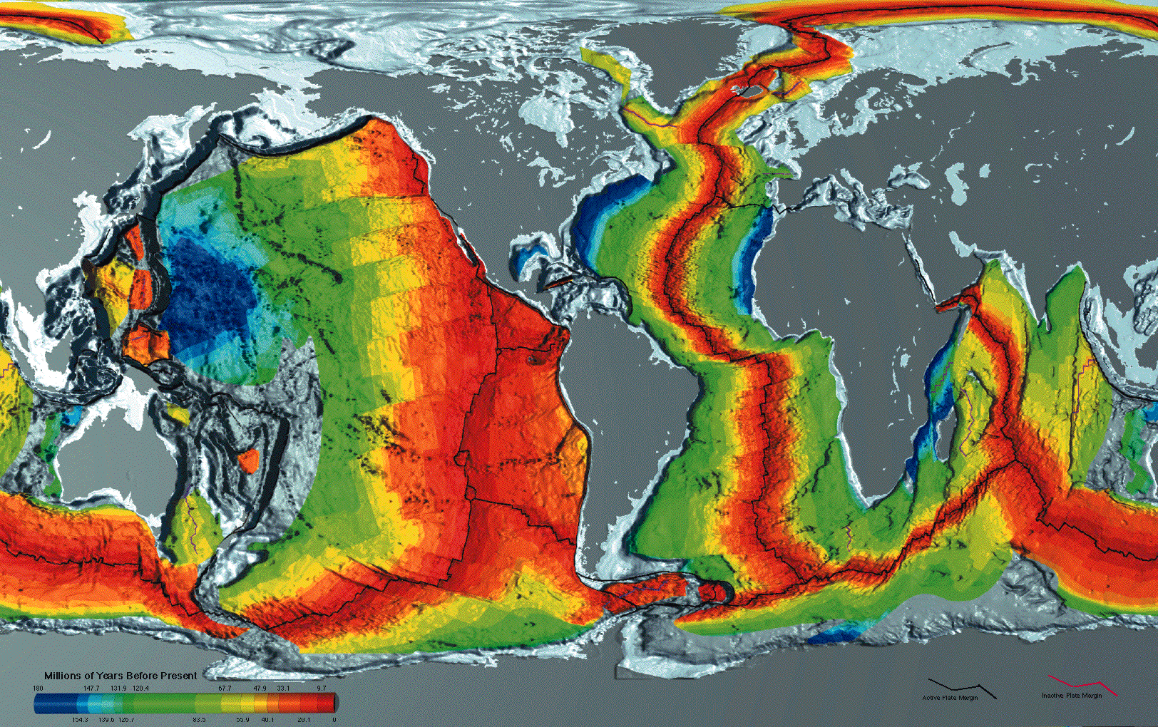 Age of oceanic crust: youngest (red) is along spreading centres, where parts of the mantle rise up to create new crust. Credits: NOAA.