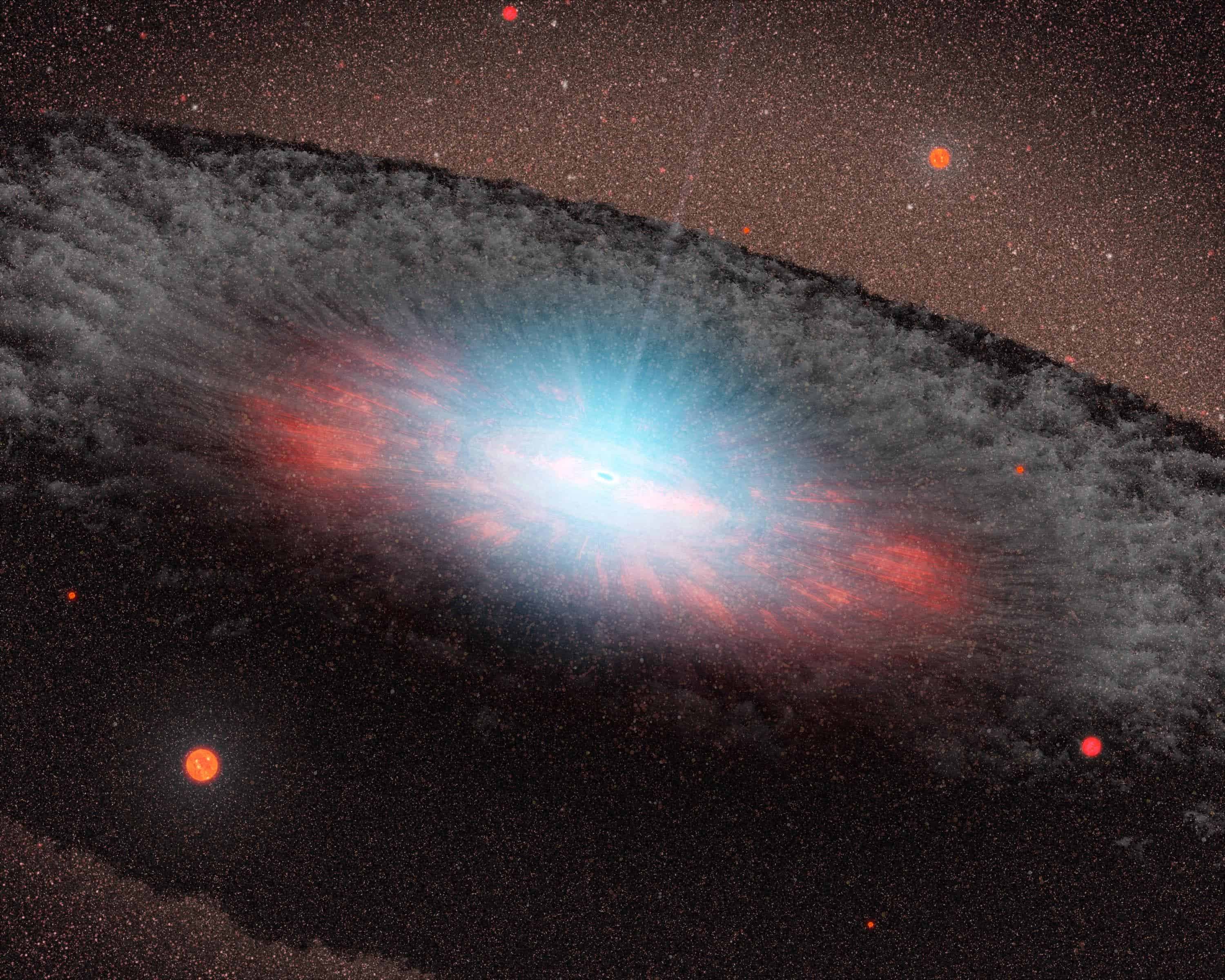Artist's impression of a supermassive black hole at a galaxy's center. The blue color represents radiation pouring out from material very close to the black hole.
Image credits NASA/JPL-Caltech.