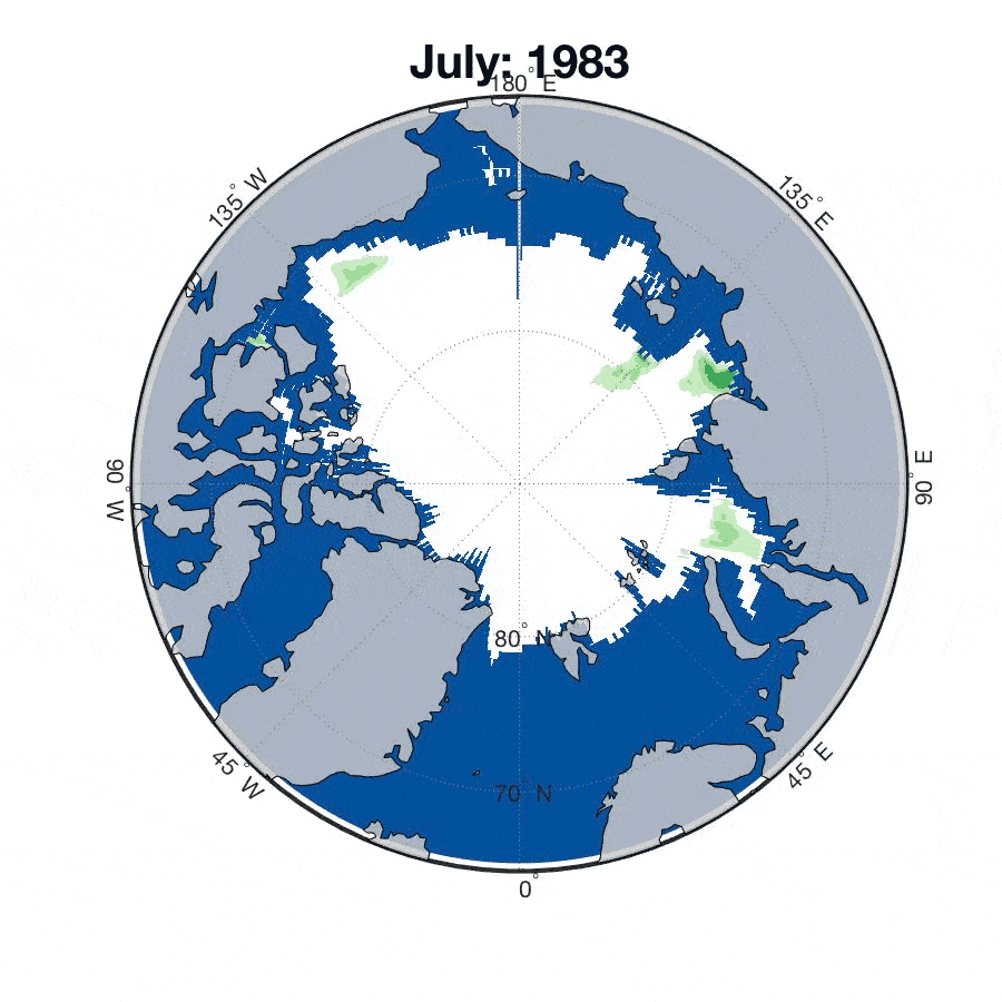 The green shows the area of sea ice where plankton is able to grow. Image credits: Christopher Horvat.