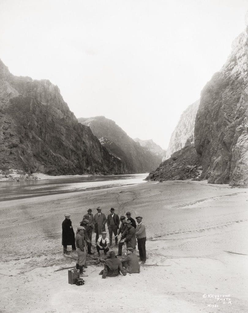 An inspection party near the proposed site of the dam in the Black Canyon on the Colorado River (1928). Credit: EYSTONE/FPG/HULTON ARCHIVE.