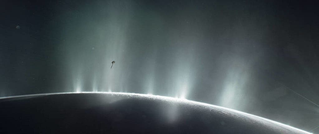 Cassini spacecraft diving through the plume of Saturn's moon Enceladu