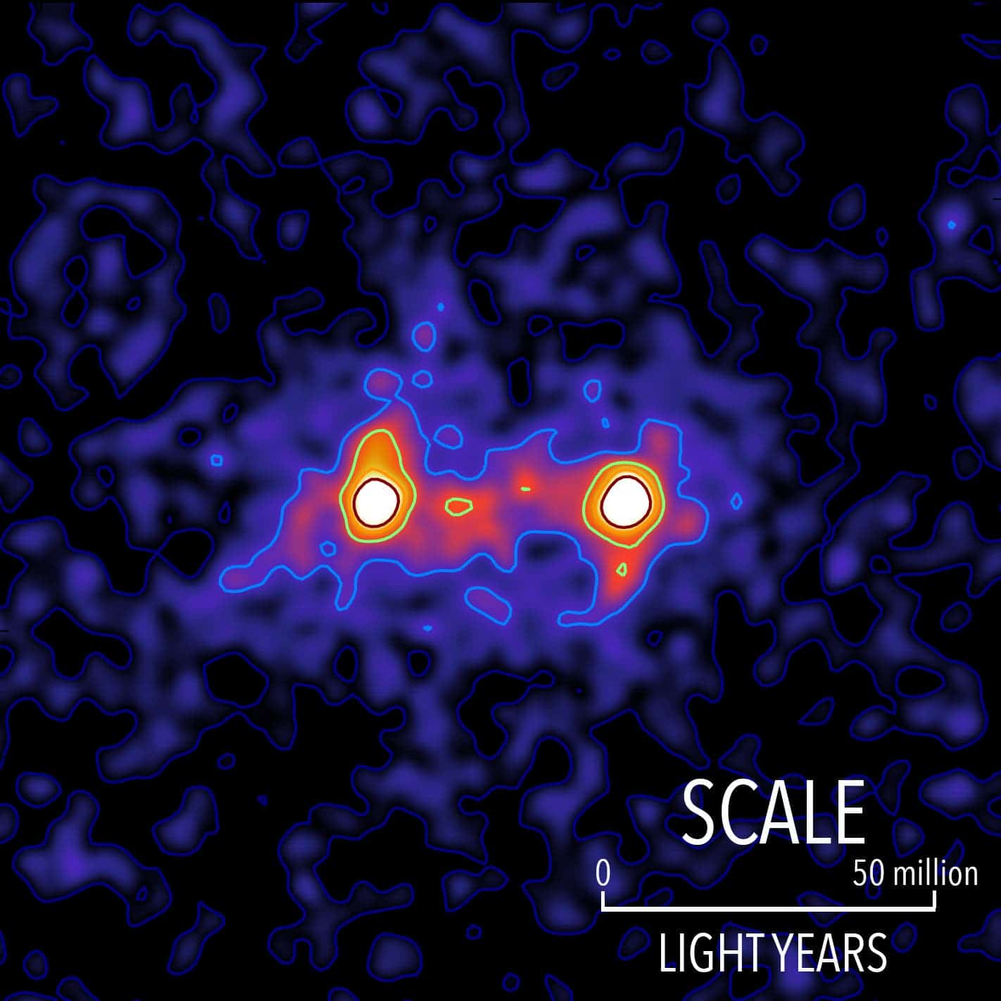 Dark matter filaments bridge the space between galaxies in this false colour map. Credit: S. Epps & M. Hudson / University of Waterloo