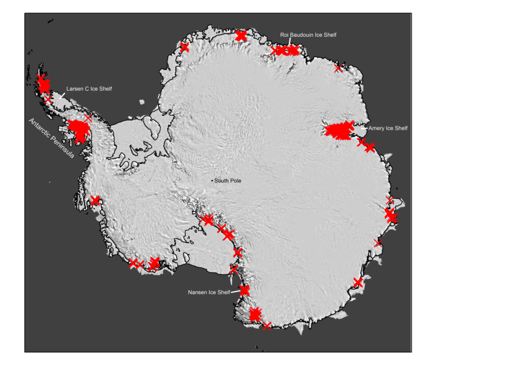 Much of Antarctica's ice is littered with seasonally flowing meltwater streams. Each "X" shows where an individual drainage system was identified. Until recently, scientists used to think these features are confined to the northern Antarctic Peninsula, on the upper left of the map. Credit: Nature, 2017.