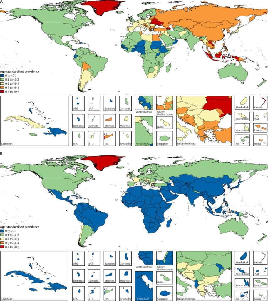 Age-standardised prevalence of daily smoking for men (A) and women (B), in 2015. Credit: The Lancet.