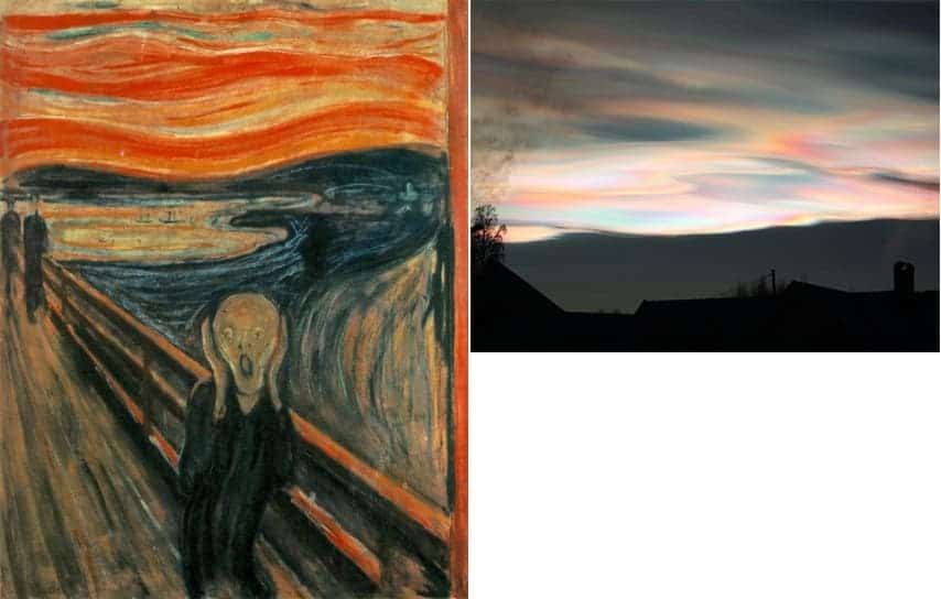 Left: The Scream by Edvard Munch; Right: Mother-of-pearl clouds near Oslo, Norway, half an hour after sunset. Credit: Svein M. Fikke.
