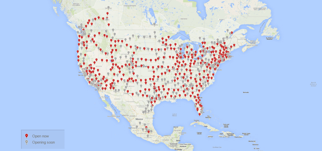 Tesla's Supercharger network. Grayed-out pins are upcoming. Credit: Tesla.