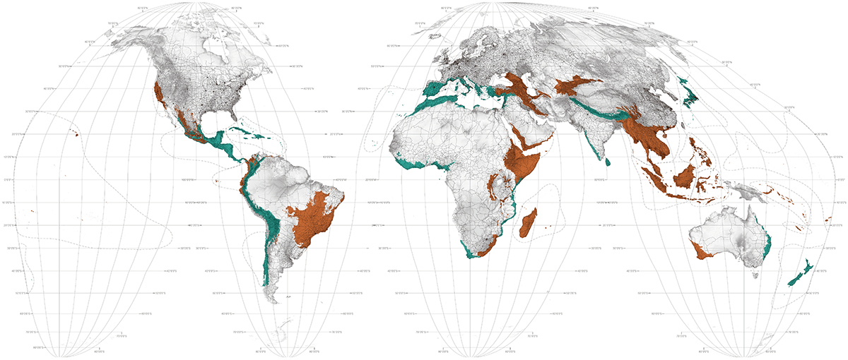 All of the hotspots in the world. The ones in red are missing their biodiversity targets while the ones in green are meeting them. Image credits: http://atlas-for-the-end-of-the-world.com.