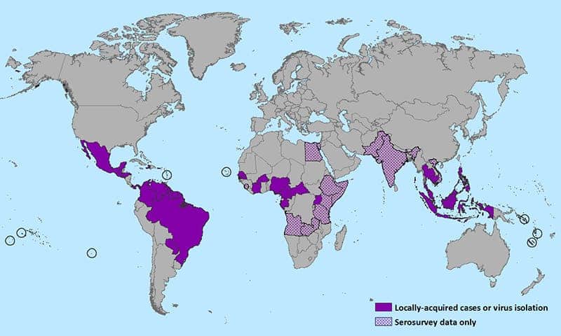 Countries where people have gotten Zika virus (as of January 2016). Image via Wikipedia / CDC.