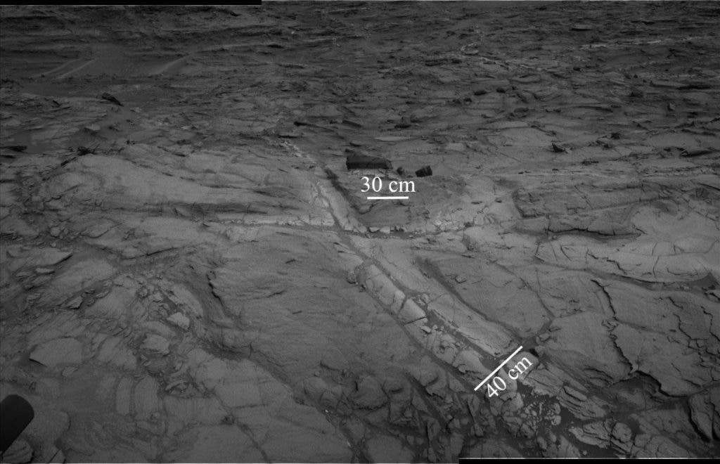 This images shows "halos” of lighter-toned bedrock around fractures. These halos comprise high concentrations of silica and indicate that liquid groundwater flowed through the rocks in Gale crater longer than previously believed. Credit: NASA/JPL-Caltech.