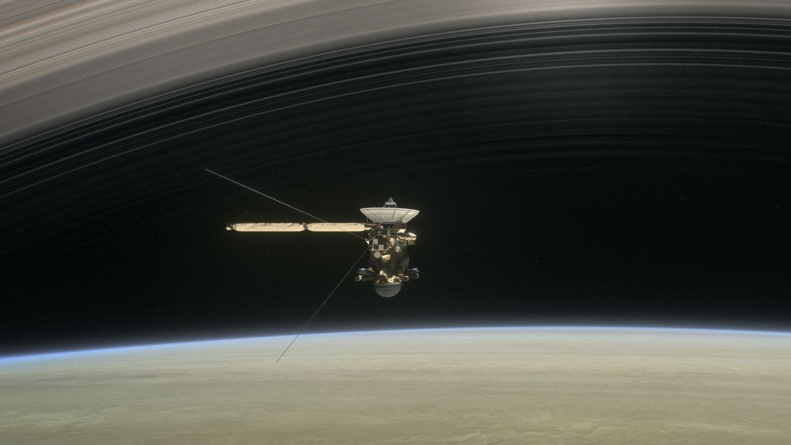 Artist illustration of Cassini diving through Saturn's rings. Credit: NASA.