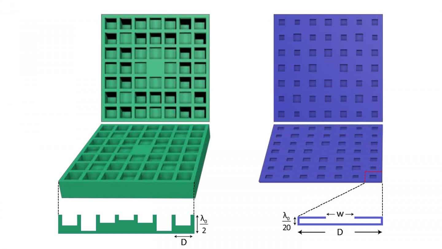 A conventional, two-dimensional conventional Schroeder diffuser (on the left), compared to a new, 'ultra-thin' two-dimensional Schroeder diffuser (at right). Image credits: Yun Jing et al, 2017.