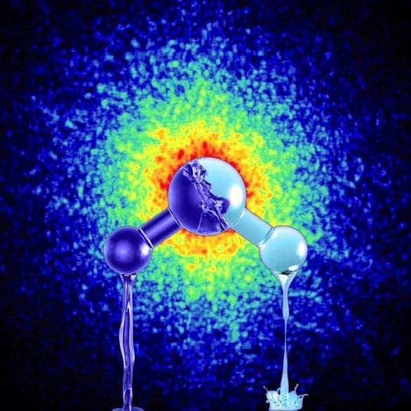 Pictured is an artist's impression of the two forms of ultra-viscous liquid water with different density. On the background is depicted the x-ray speckle pattern taken from actual data of high-density amorphous ice, which is produced by pressurizing water at very low temperatures. Image credits: Mattias Karlén.