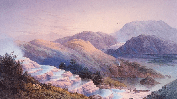 The Pink and White Terraces, as painted by JC Hoyte in the 1870s. Credit: HOCKEN COLLECTIONS, OTAGO UNIVERSITY.