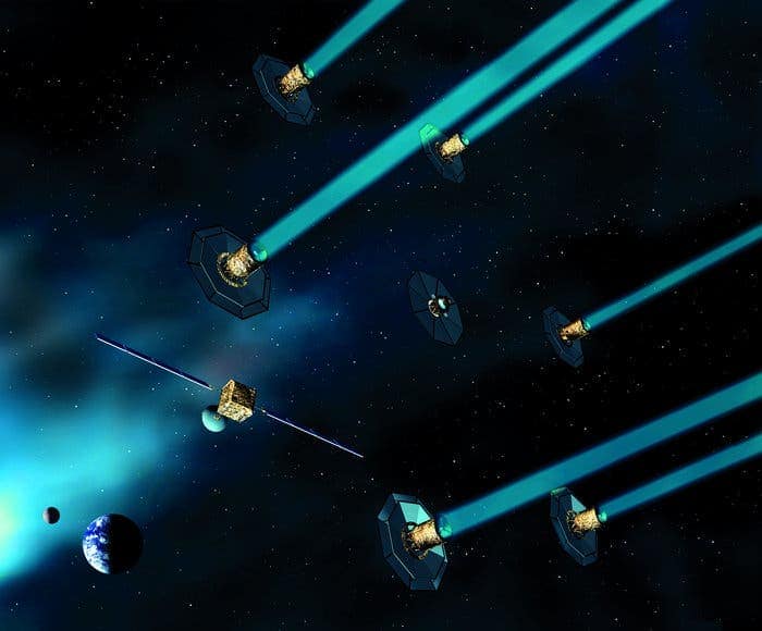 Darwin's six telescopes -- a proposed concept of various telescopes and communication satellites aligned in formation to study alien planets. Credit: ESA 2002; Illustration by Medialab.