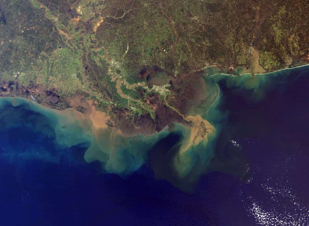 The Mississippi River Delta on Louisiana's coast, showing the sediment plumes from the Mississippi and Atchafalaya Rivers, 2001. Image credits: NASA.