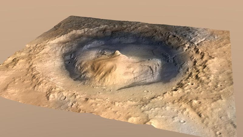 A rendering of Gale Crater, with Mount Sharp at its center. The Curiosity rover is currently exploring this area, trying to find whether Mars could have supported life. Image credits: NASA.
