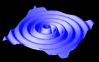 Two-dimensional representation of gravitational waves generated by two neutron stars orbiting each other. Image via Wikipedia.