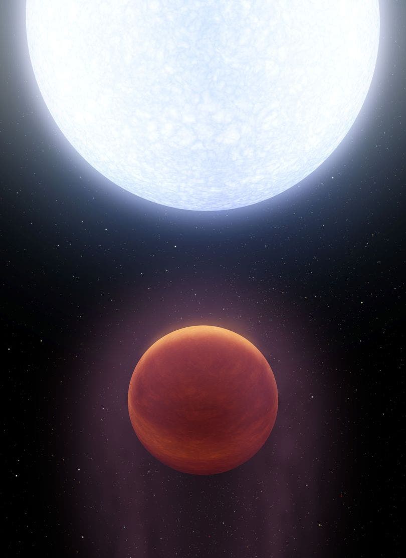 The hottest star in the universe we know of peculiarly orbits its parent star at the poles, not the equator. Credit: NASA/JPL-Caltech/R. Hurt (IPAC). 