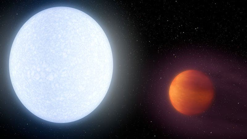 An artist's conception of the KELT-9 system, which has a host star (left) that's almost twice as hot as our sun. Credit: NASA/JPL-Caltech/R. Hurt (IPAC).