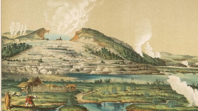 Pink and White Terraces by Lake Rotomahana, North Island, New Zealand Date: circa 1866. Public Domain.