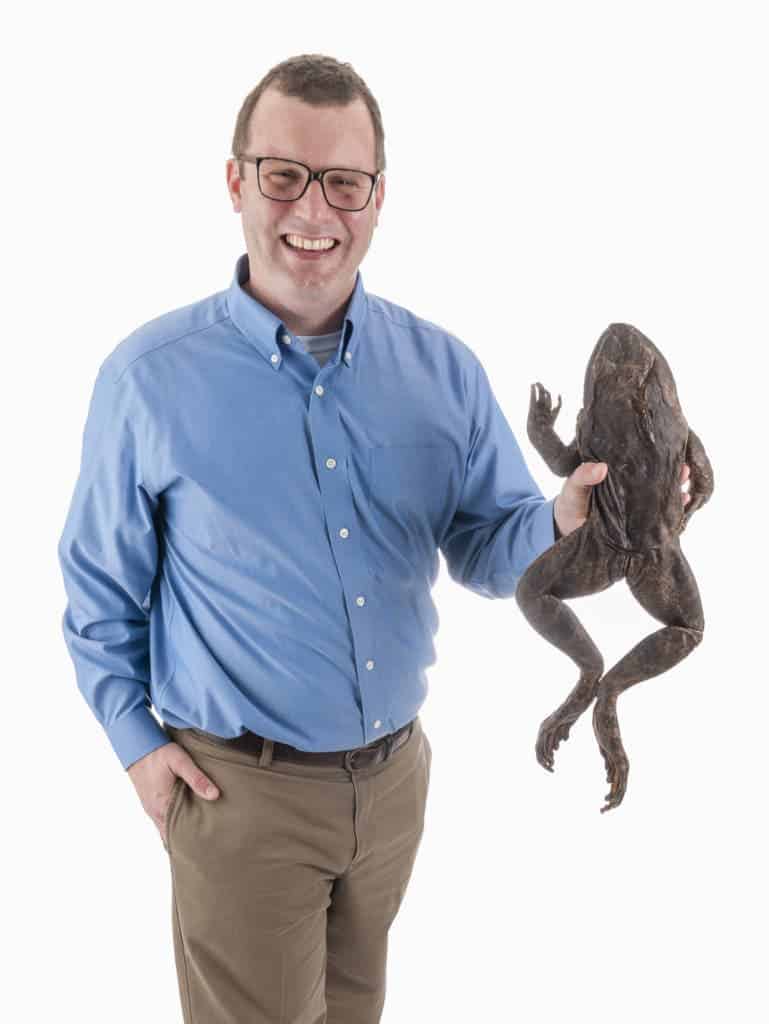 Herpetologist David Blackburn, shown with a Goliath frog from a collection housed at the Florida Museum of Natural History. Credit: Kristen Grace.