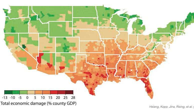 The map reflects the uneven distribution of economic impacts of unmitigated climate change based on county-level research. Image credits: Solomon Hsiang and co-authors of “Estimating economic damage from climate change in the United States” in the journal Science.