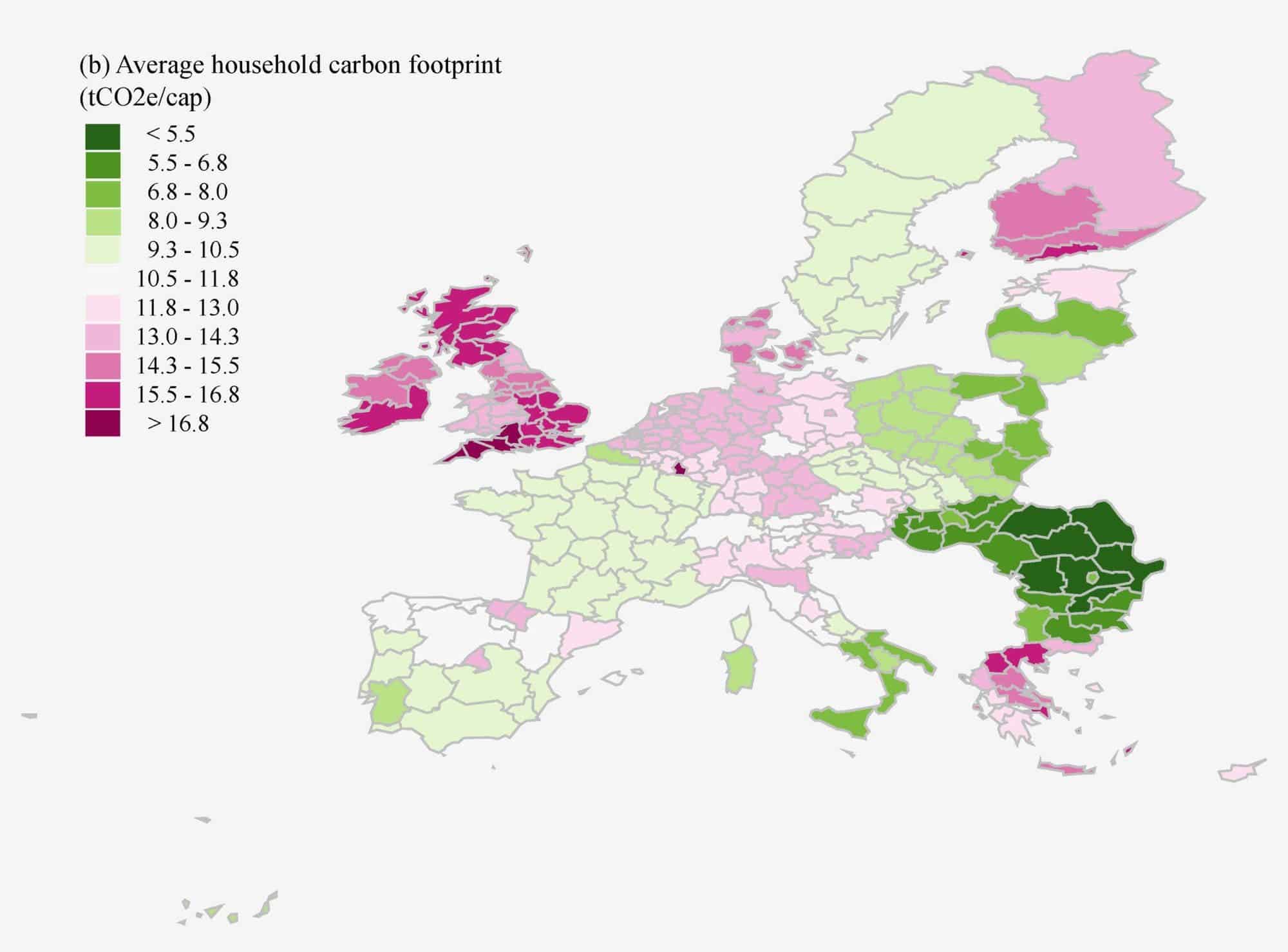The average household carbon footprint for different EU regions. The UK has among the largest carbon footprints of any European country. Graphic: Environmental Research Letters.