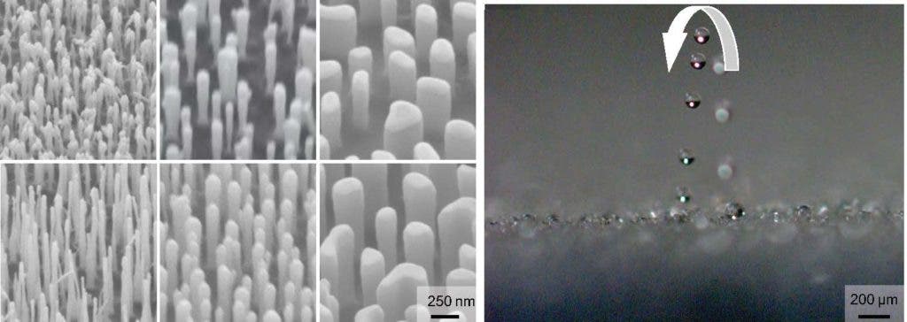 Hydrophobic surfaces covered in nanopillars that resemble stalagmites on a cave's floor can control when a dew droplet will jump. Taller and slender pillers can make droplets as small as two micrometers jump off the surface of a material. Credit: Virginia Tech.