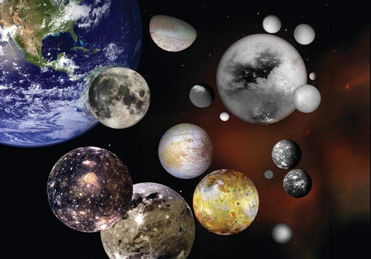 This photo illustration shows selected moons of our solar system at their correct relative sizes to each other and to Earth. Pictured are Earth's Moon; Jupiter's Callisto, Ganymede, Io and Europa; Saturn's Iapetus, Enceladus, Titan, Rhea, Mimas, Dione and Tethys; Neptune's Triton; Uranus' Miranda, Titania and Oberon and Pluto's Charon. Credit: NASA.