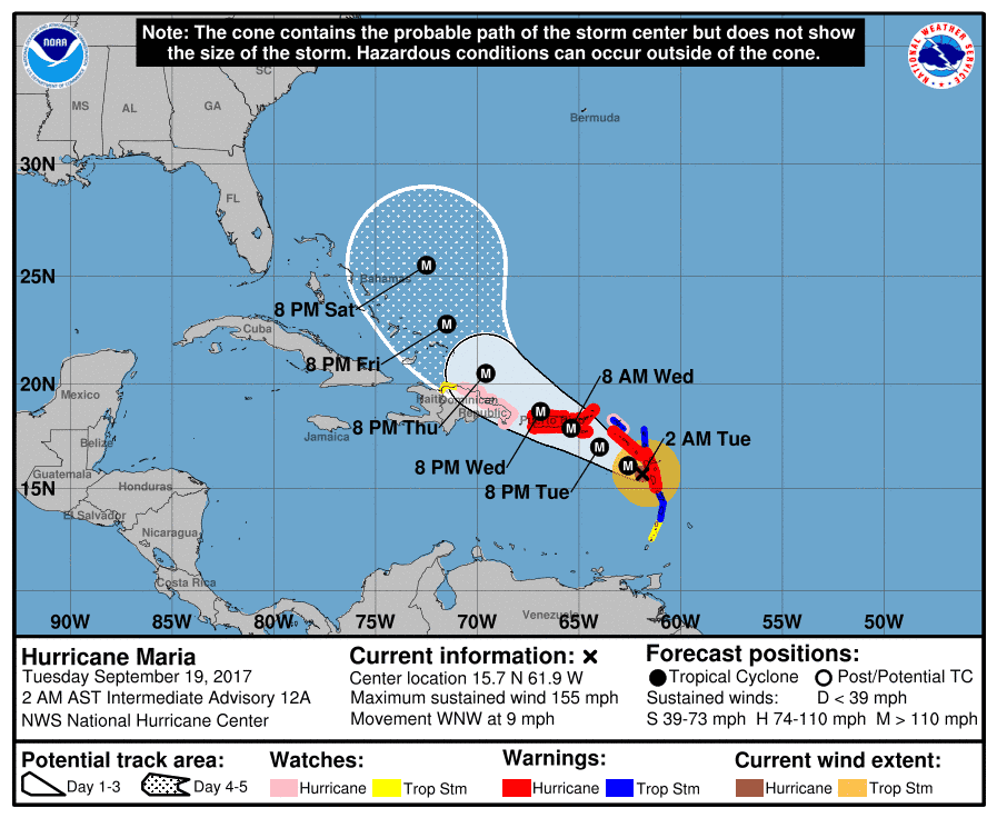 This graphic shows an approximate representation of coastal areas under a hurricane warning (red), hurricane watch (pink), tropical storm warning (blue) and tropical storm watch (yellow). The orange circle indicates the current position of the center of the tropical cyclone. The black line, when selected, and dots show the National Hurricane Center (NHC) forecast track of the center at the times indicated. Image credits and more information: NOAA.