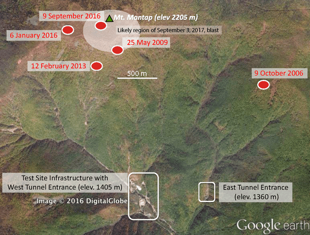 The figure below shows the estimated locations within the Pungggye-ri test site of the five previous tests (red dots). The tests are conducted in the tunnel system inside the mountain. The area of the likely location of the most recent test is indicated in the figure. Some additional work is required in order to estimate a  precise location. Image credits: Norsar seismic array.