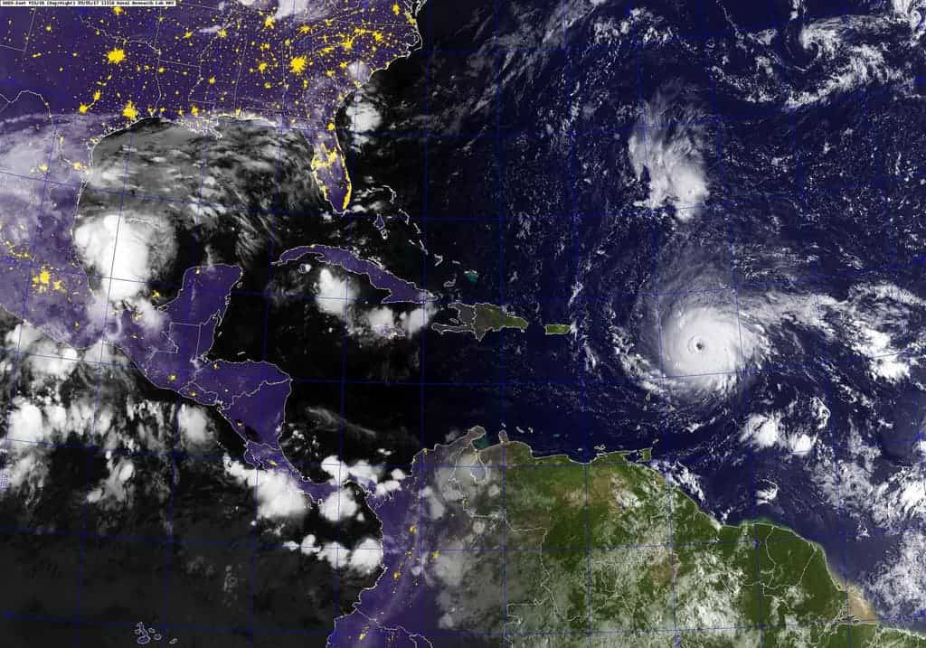 A GOES satellite image showing Hurricane Irma in the Atlantic Ocean. The storm is a category 5 hurricane with sustained winds of 175 mph (281 km/h) and even higher gusts. Credits: US Navy.