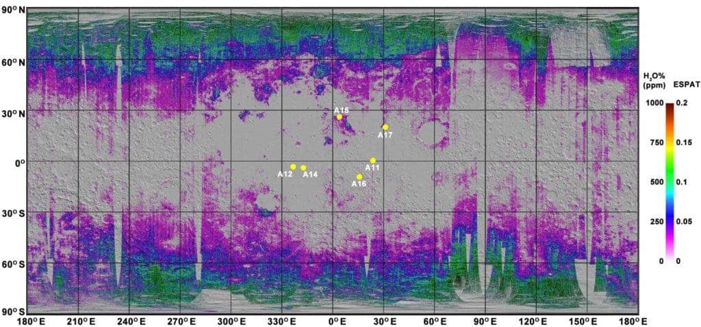 Water content in the moon's soil rises towards the poles and drops towards the equator. This suggests solar winds helped implant the water. The yellow dots are Apollo-era landing sites. Credit: Milliken lab / Brown University.