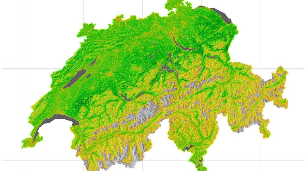 Switzerland from a satellite perspective: The vegetation's average biomass production (orange: low, green: high) is strongly increased in landscapes with high biodiversity. (Figure: UZH).