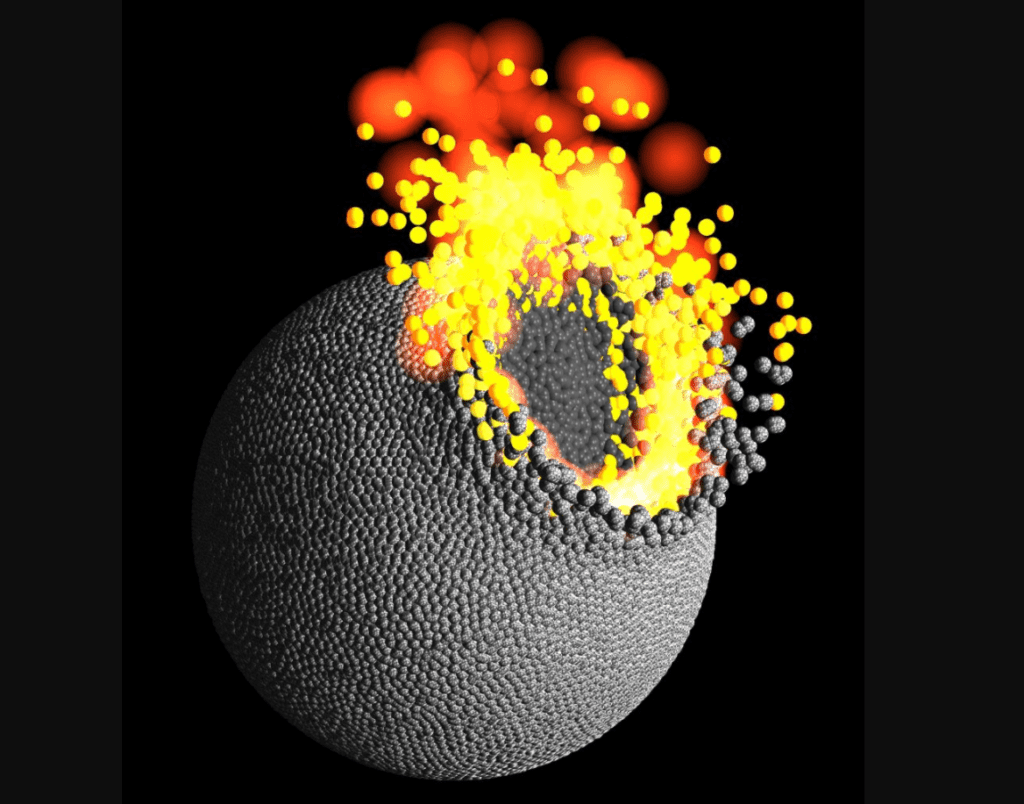Computer simulation of two planetesimals colliding into each other. The colours show how the rock of the impacting body (dark grey, in centre of impact area) accretes to the target body (rock, light grey), while some of the rock in the impact area is molten (yellow to white) or vaporized (red). Credit: Philip J. Carter.