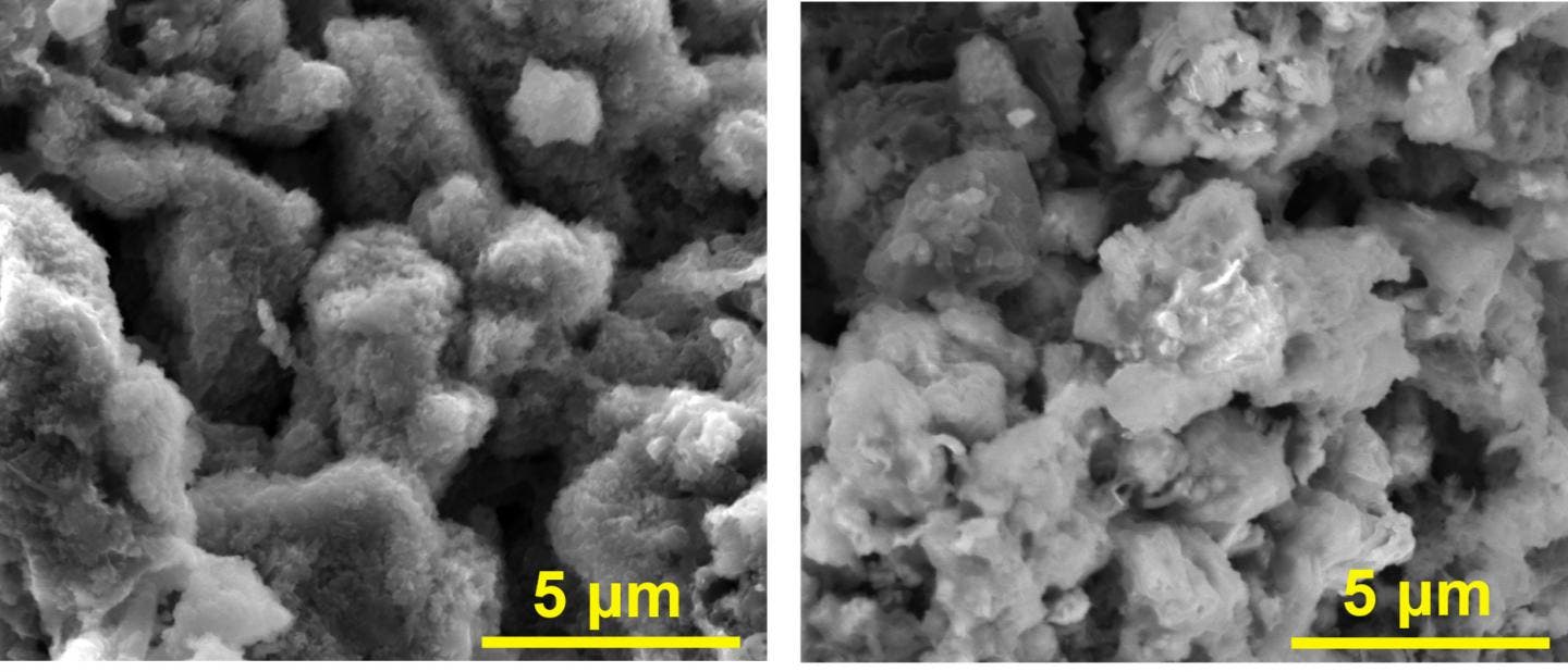 Scanning electron microscope images show an anode of asphalt, graphene nanoribbons and lithium at left and the same material without lithium at right. Credit: Rice University.