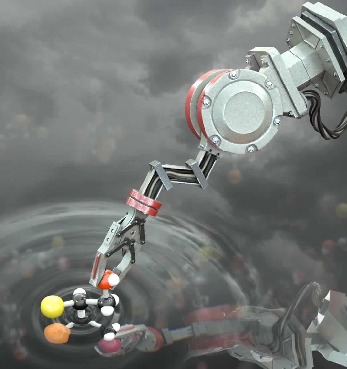 Artist’s impression of the molecular robot manipulating a molecule. Credit: Stuart Jantzen.
