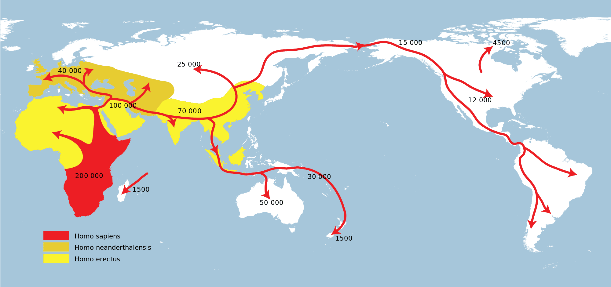 How Homo sapiens and Neanderthals spread around the world. Image via Wikipedia.
